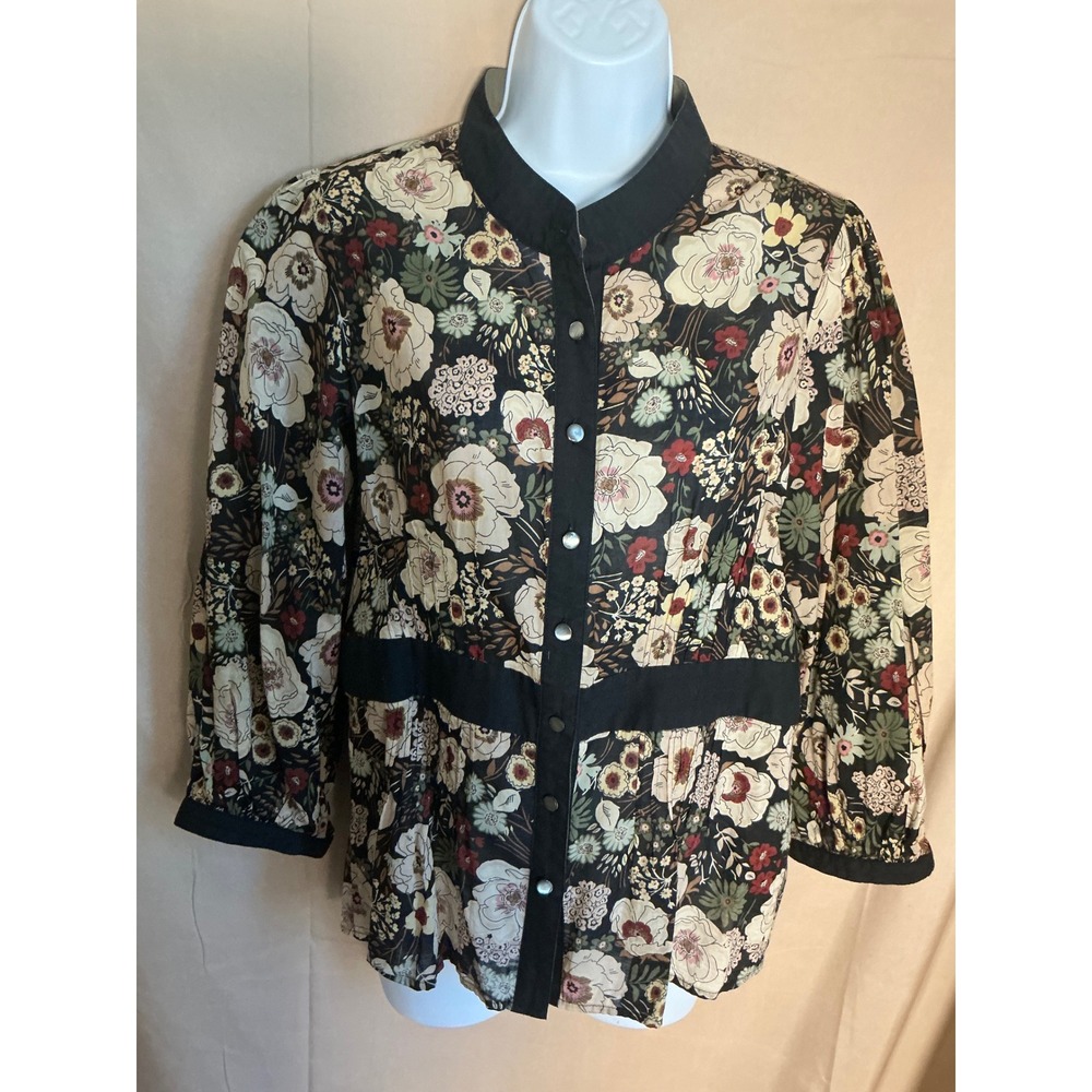 Odille Anthropologie Blouse Women 12 Black Floral Excellent Peplum Cotton Top